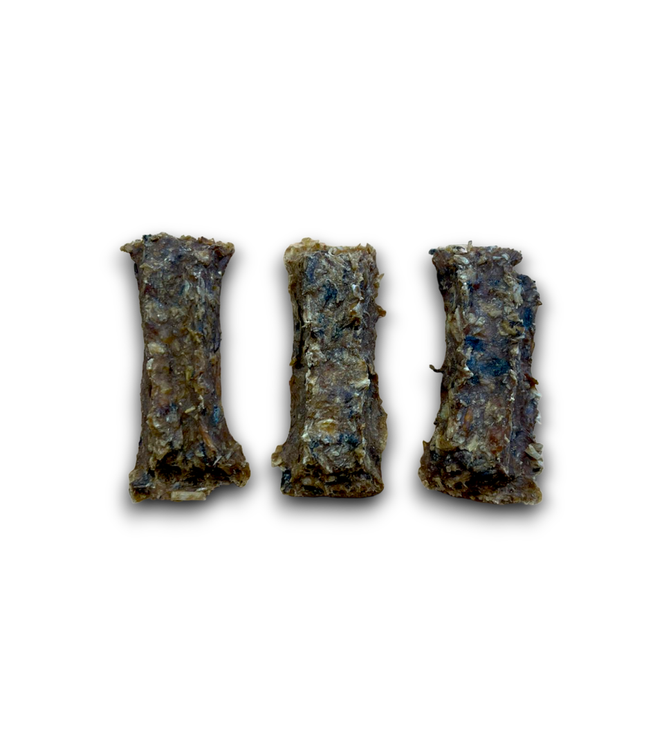 Three cod fingers on a blank background.