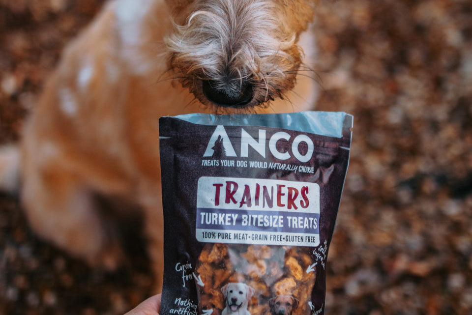 Dog treats package with a dog sniffing the packet.