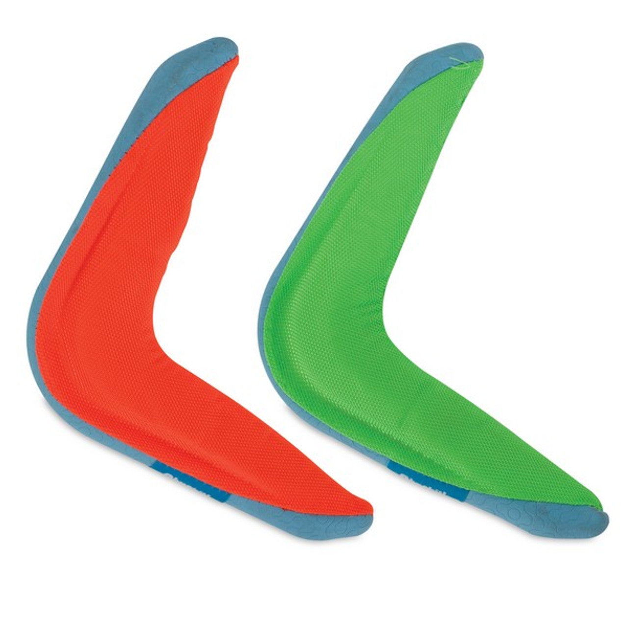 Two Chuckit! Amphibious Boomerang pet toys on a white background.