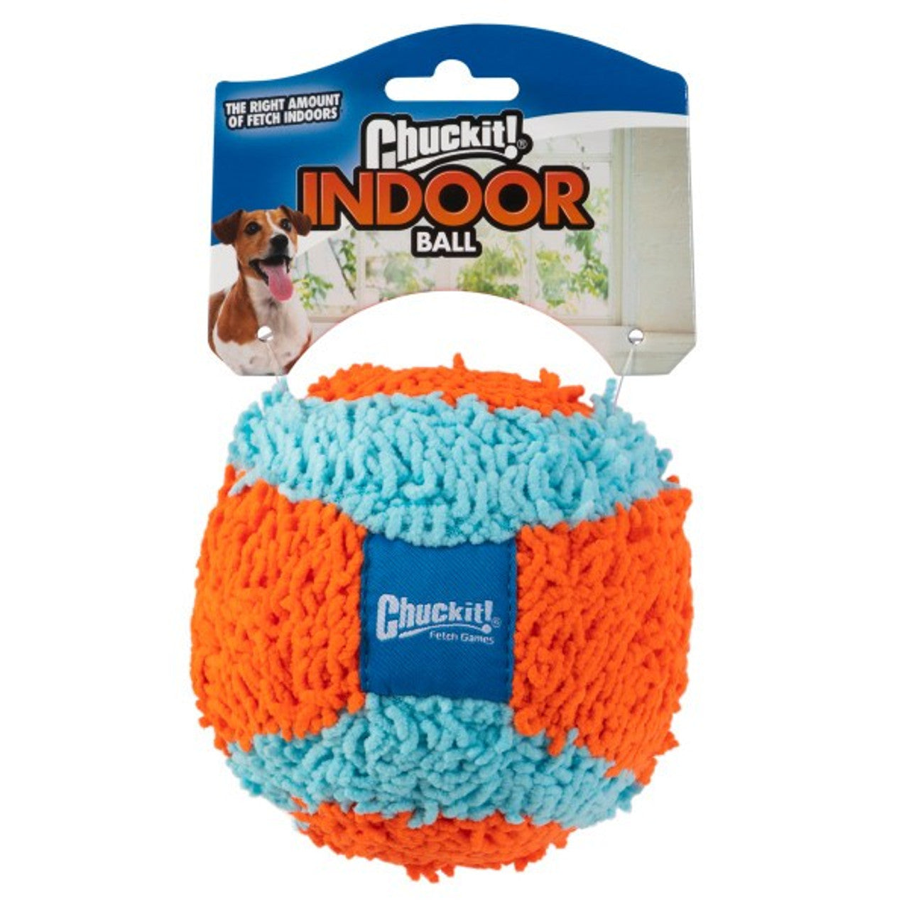 Stock image of the ChuckIt! Indoor Ball, with packaging. A dog is on the packaging. The ball is made of blue & orange materials.