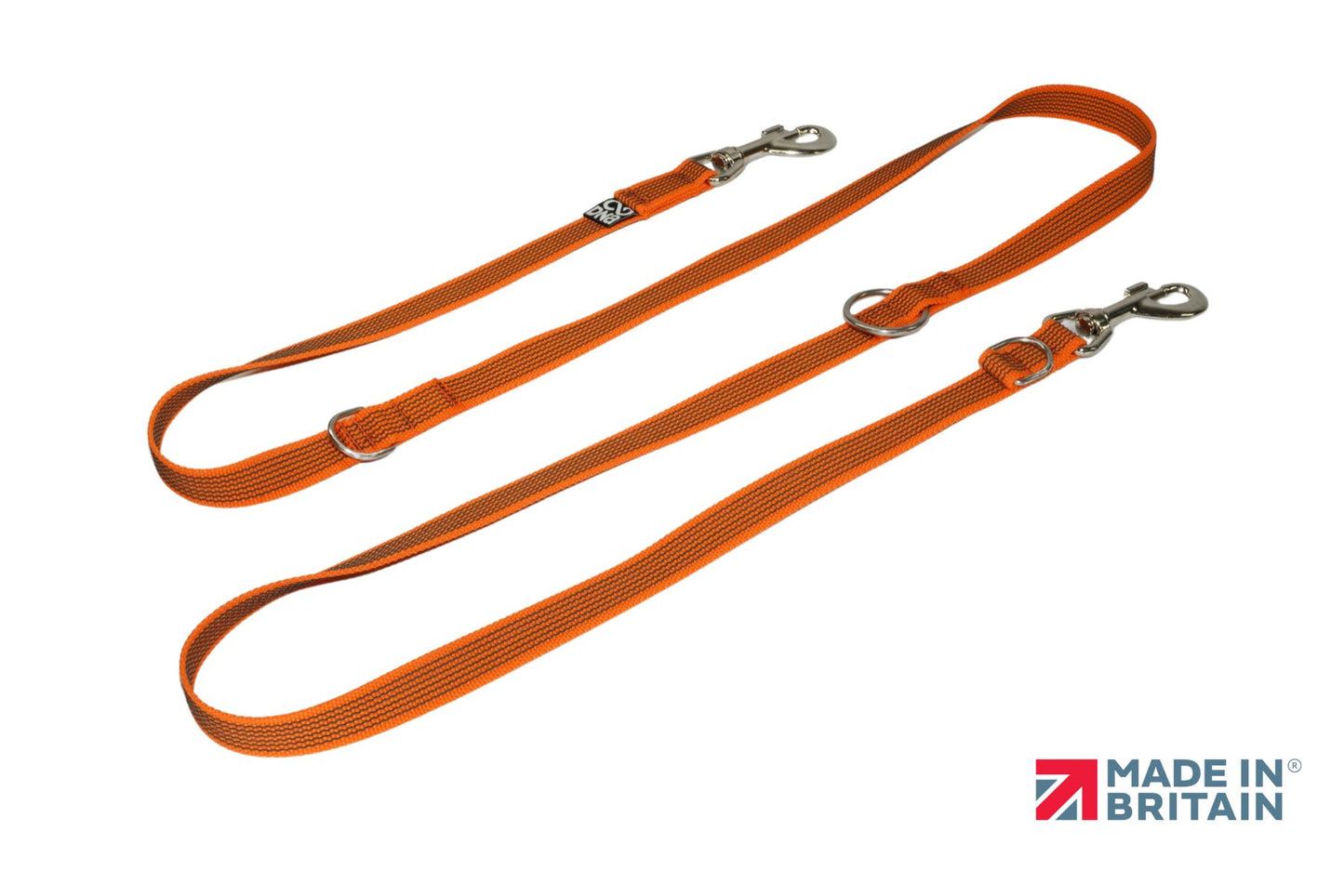 Stock image of an orange, double-ended dog lead, with metal ring and clasps.