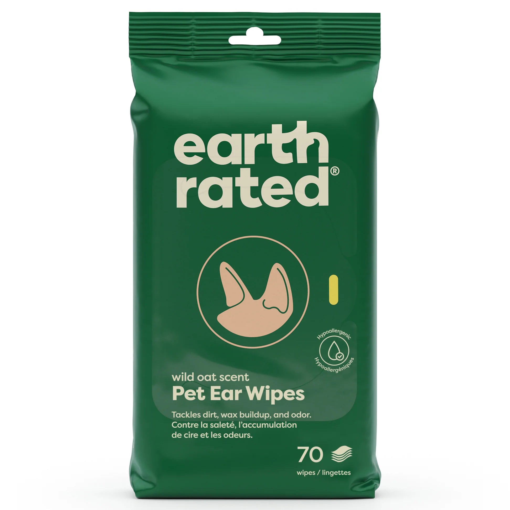 Green package of Earth Rated Pet Ear Wipes on a white background.