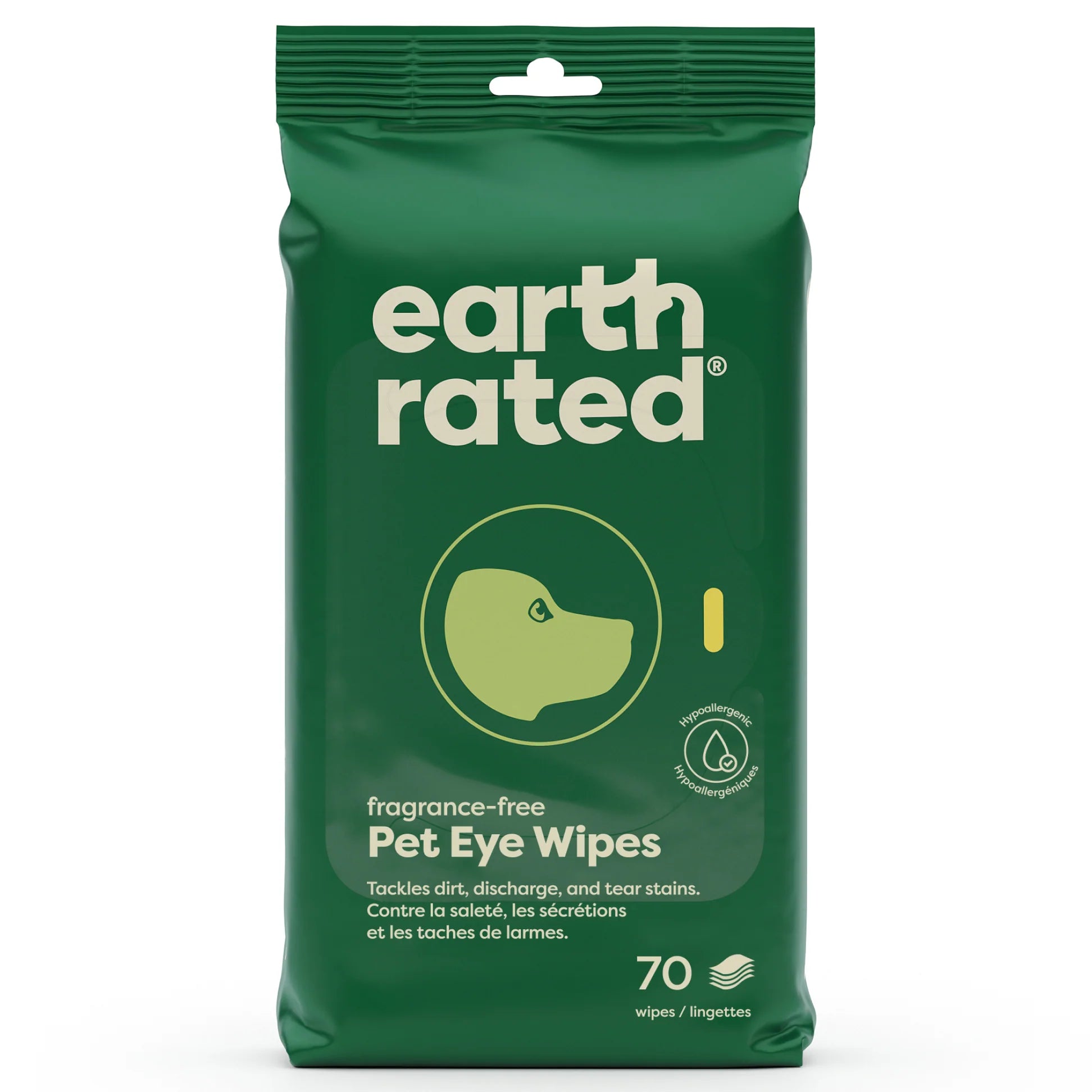 Green package of Earth Rated Pet Eye Wipes on a white background.