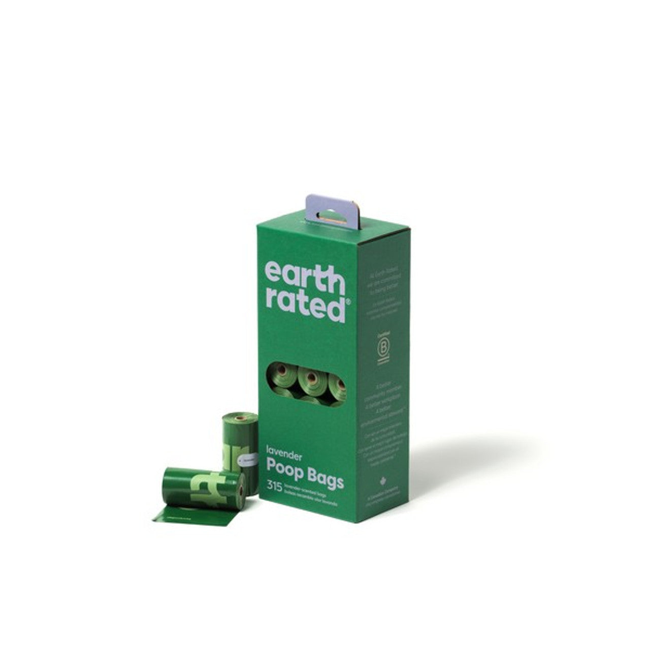 Stock image of the Earth Rated Scented Poop Bags, showing the green packaging, with two poop bag rolls outside the box. Pack of 315.
