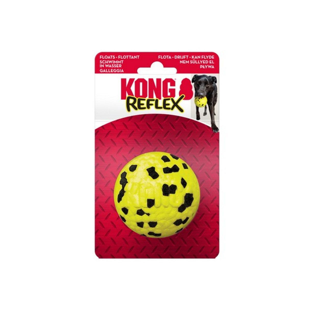 Brightly coloured KONG Reflex Ball with black dots, on a white background.