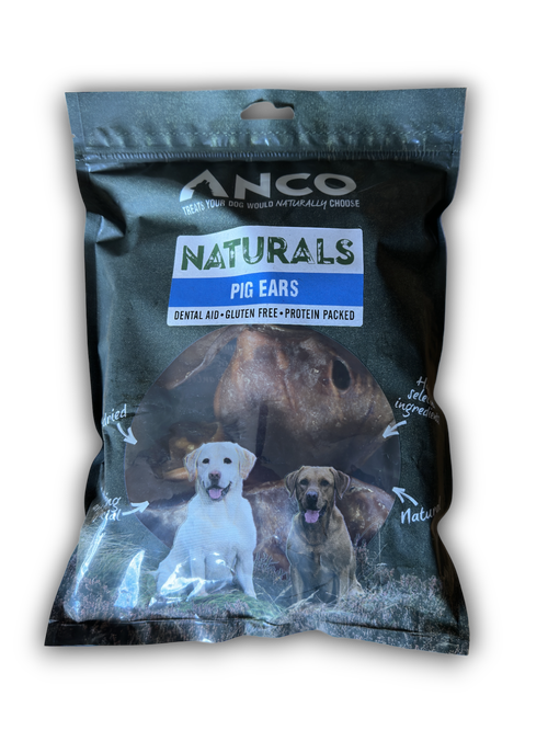 A studio image of the Anco Naturals Pig Ears dog treat package.