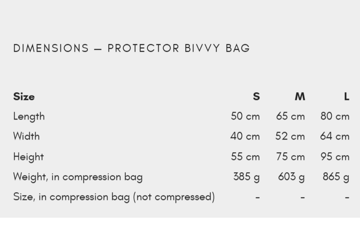 Sizing guide for the Bivvy Bag, showing length, width, height.