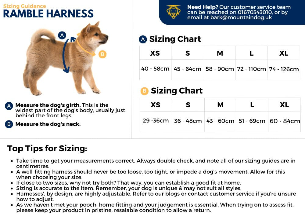 Sizing guidance for the Ramble Dog Harness Long.
