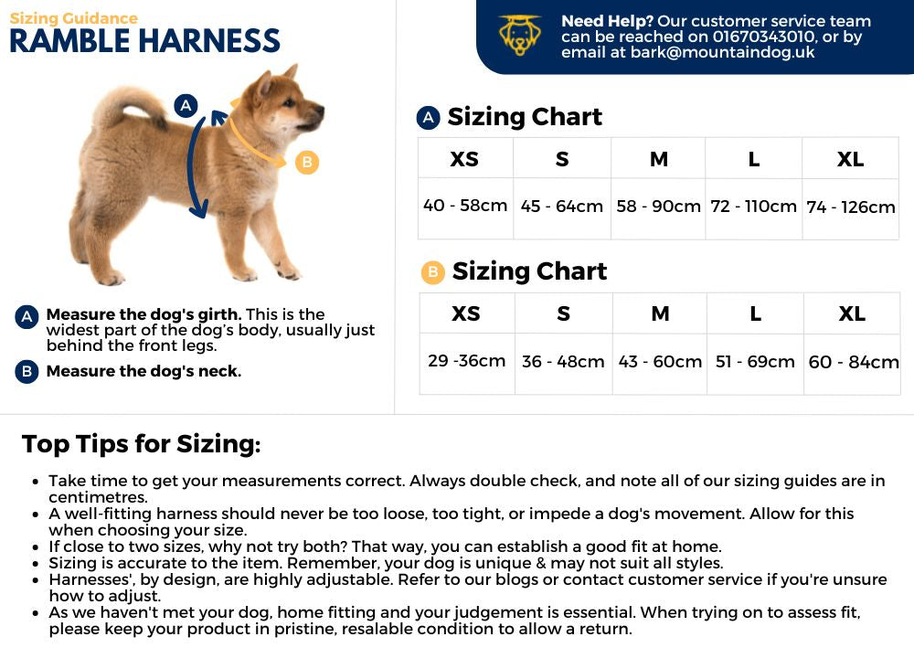 Sizing image for the Ramble Harness.