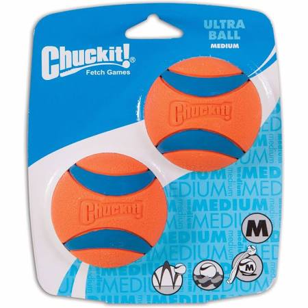 Blue packaging of the Chuckit! Ultra Ball on a white background, showing 2 balls on the packaging.