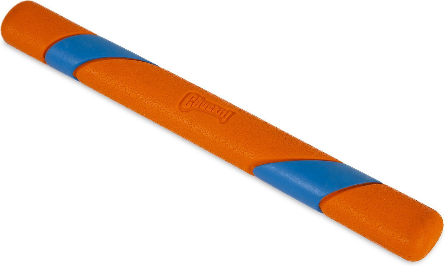 A stock image of the Ultra Fetch Stick, a long, cylinder-shaped toy with orange and blue colours.