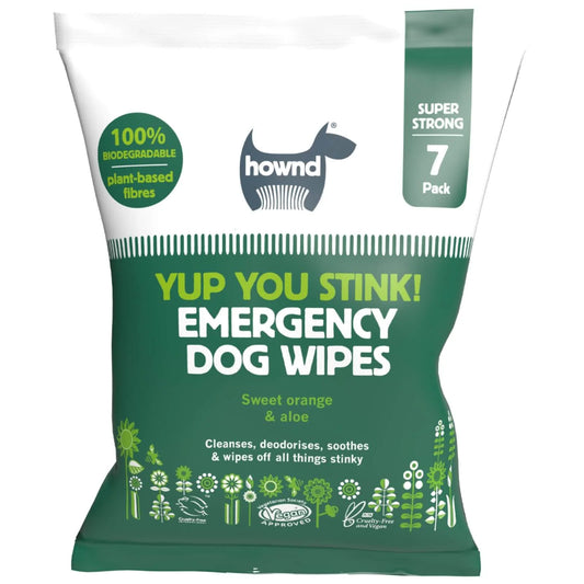 Pack of HOWND emergency dog wipes with branding and product details on a white background.