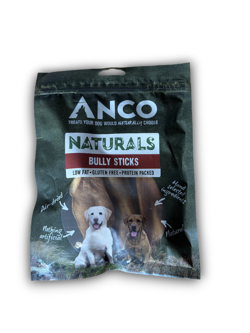 Anco Naturals Bully Sticks packaging with two dogs on.