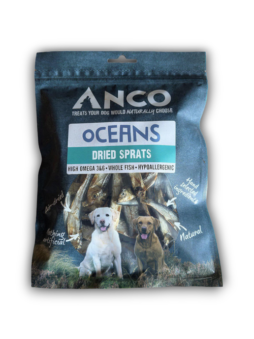 A studio image of the Anco Oceans dried sprats dog treat package.
