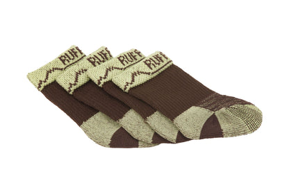 Stock image of the Ruffwear Bark'n Boot Socks, brown and light green socks on a white background.