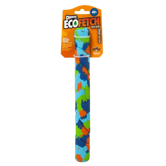 Stock image of the ECO Fetch on a white background. Cylinder-shaped toy, with brightly coloured splotches.