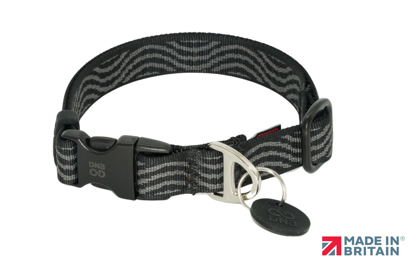 A stock image of the Explorer Collar in Slate Grey - black and grey striped dog collar with a white background.