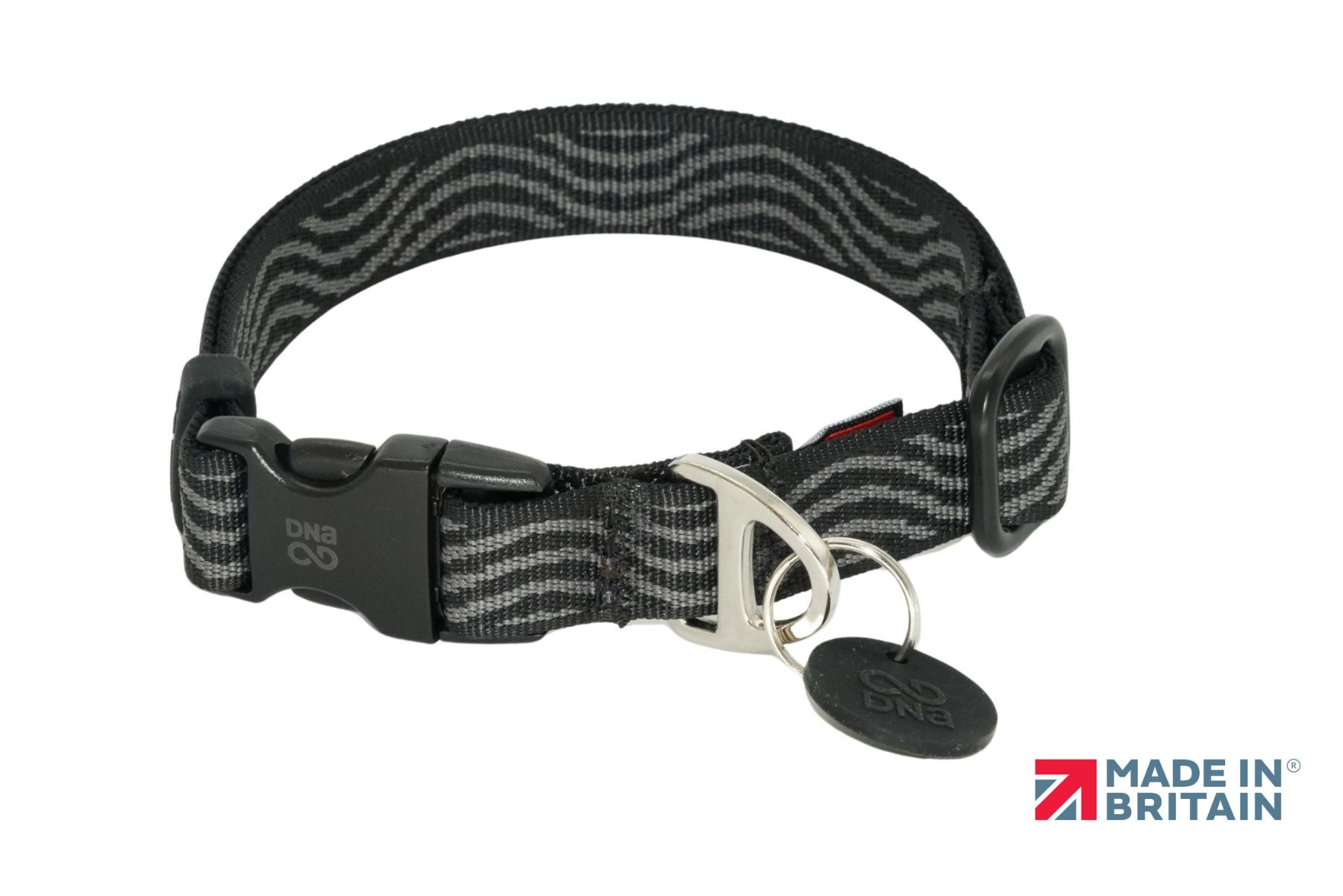 A stock image of the Explorer Collar in Slate Grey - black and grey striped dog collar with a white background.