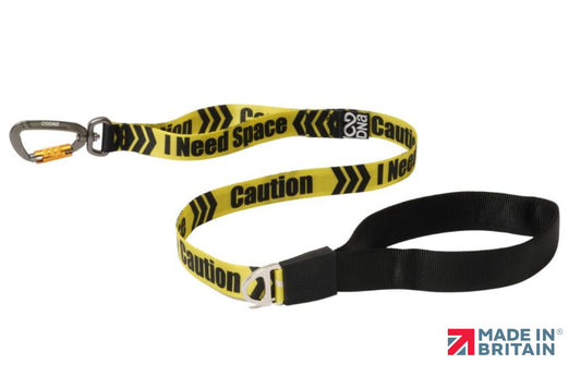 A stock image of the Signs Pro Lead with "I Need Space - Caution" lettering. Yellow and black colours, with a handle and a carabiner.