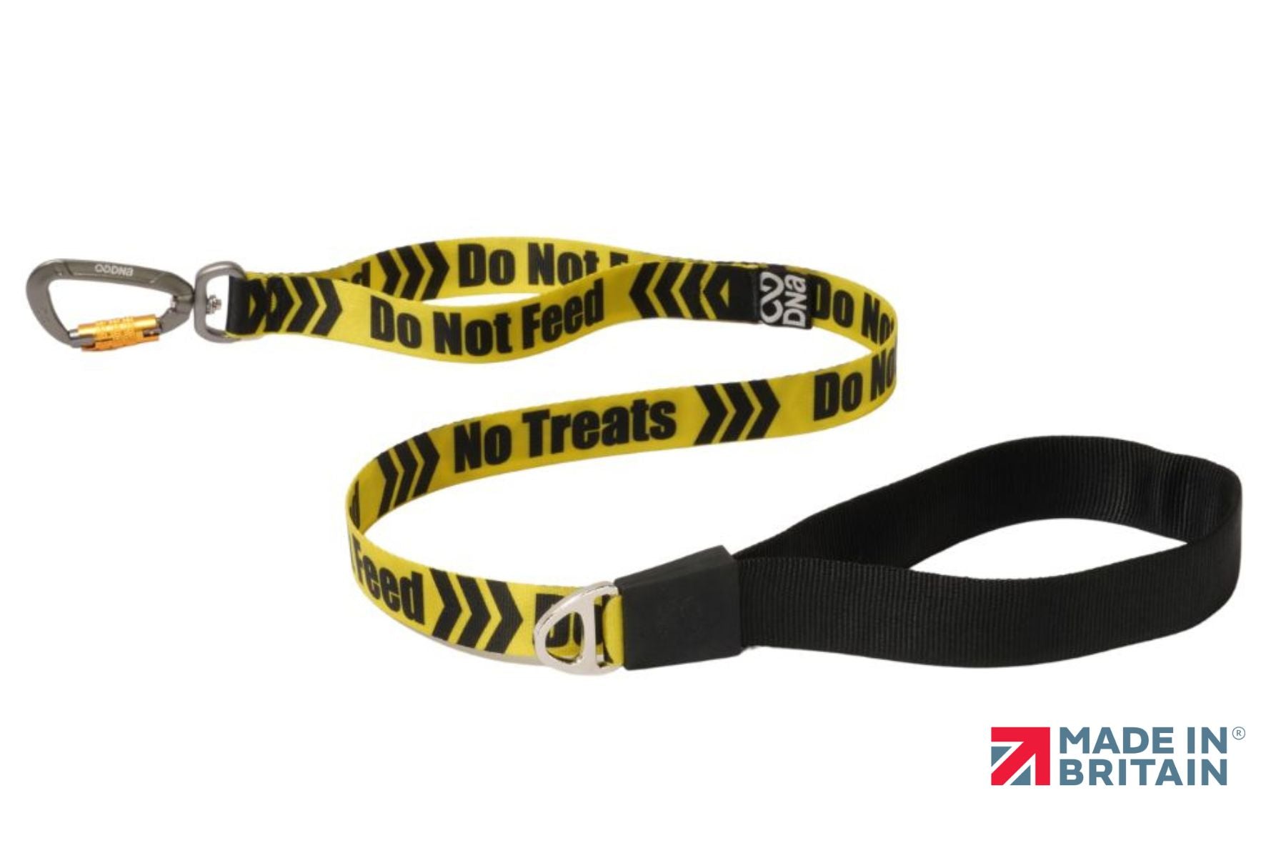 A stock image of the Signs Pro Lead with "Do Not Feed - No Treats" lettering. Yellow and black colours, with a handle and a carabiner.