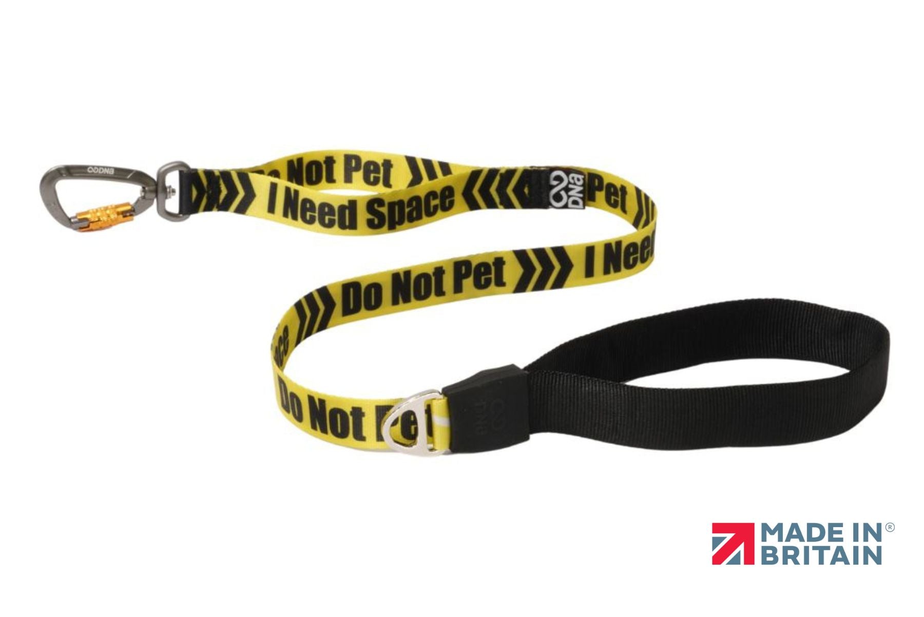 A stock image of the Signs Pro Lead with "I Need Space - Reactive" lettering. Yellow and black colours, with a handle and a carabiner.