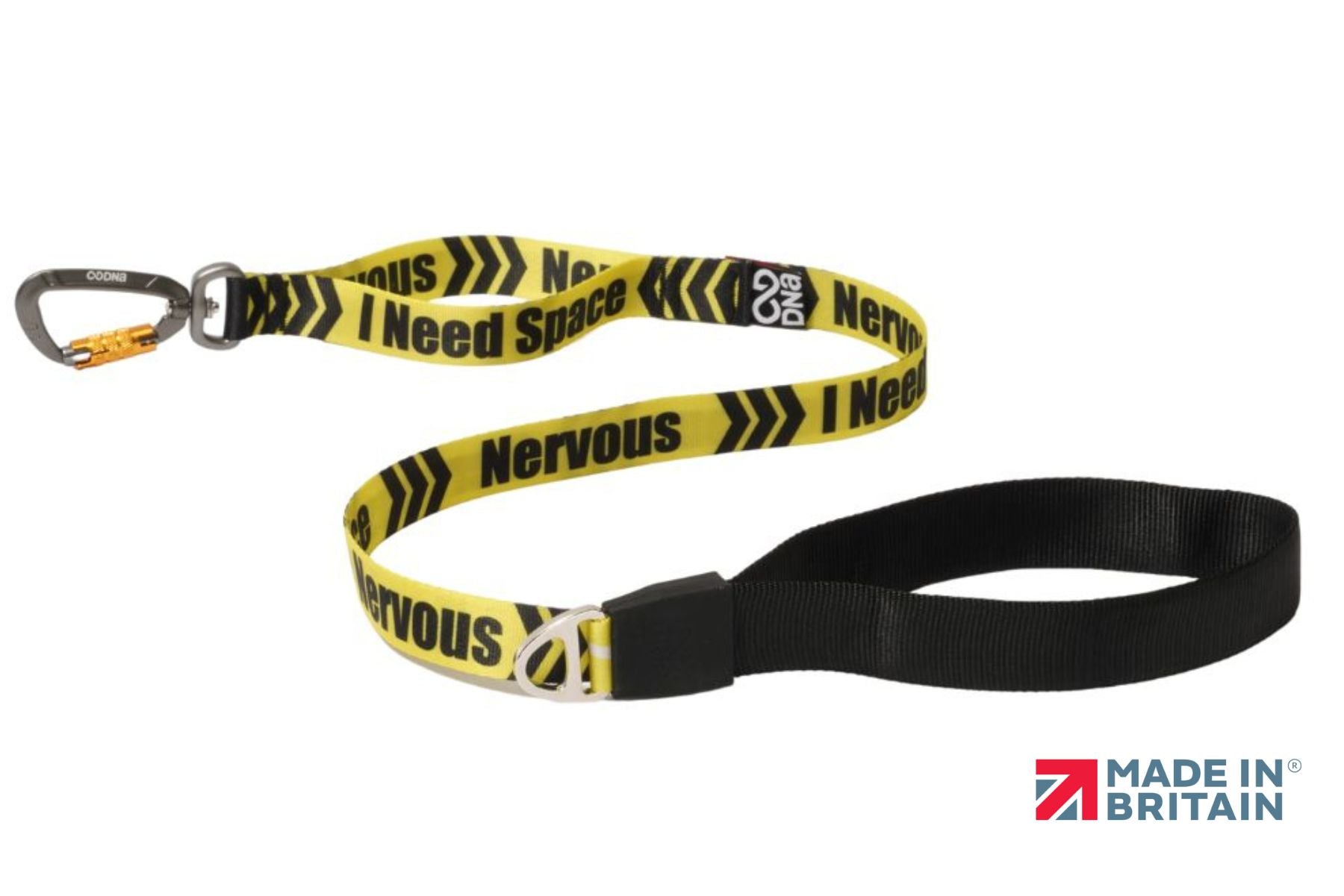 A stock image of the Signs Pro Lead with "I Need Space - Nervous" lettering. Yellow and black colours, with a handle and a carabiner.