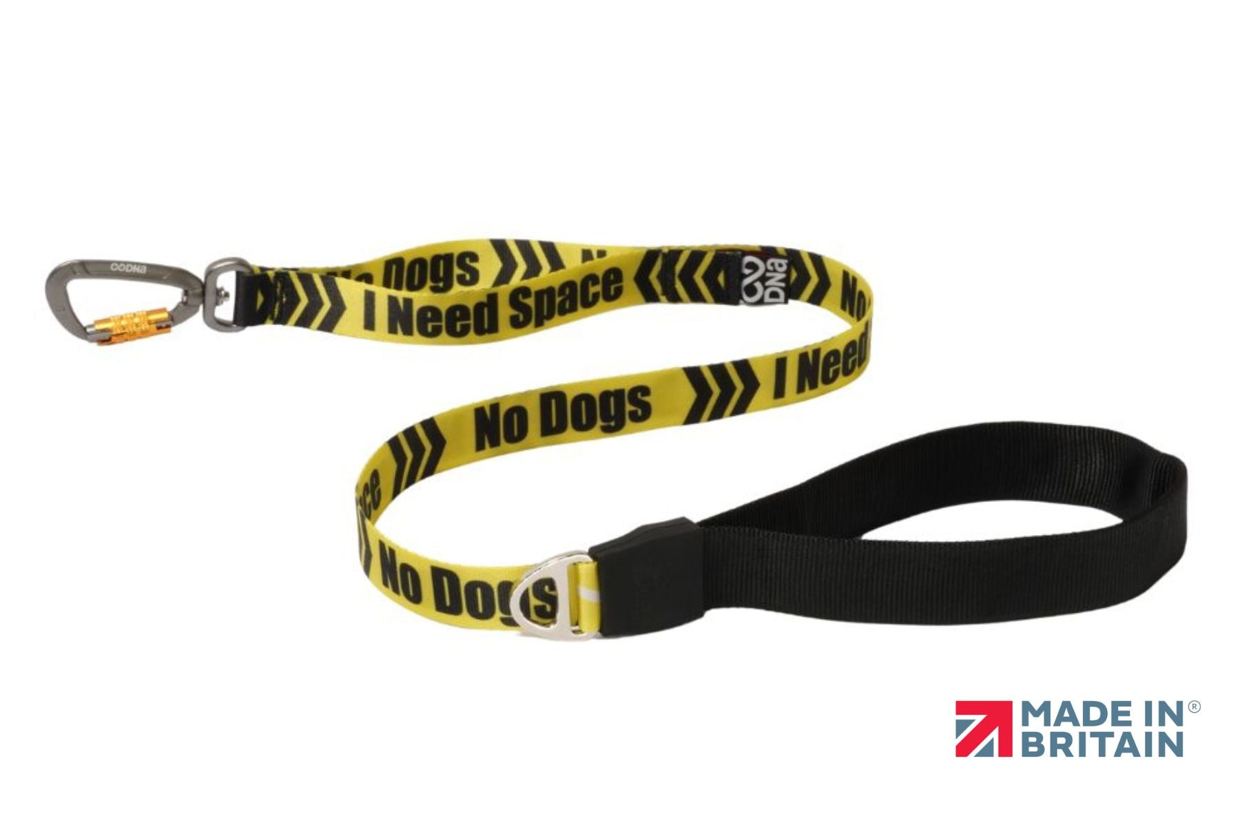 A stock image of the Signs Pro Lead with "I Need Space - No Dogs" lettering. Yellow and black colours, with a handle and a carabiner.