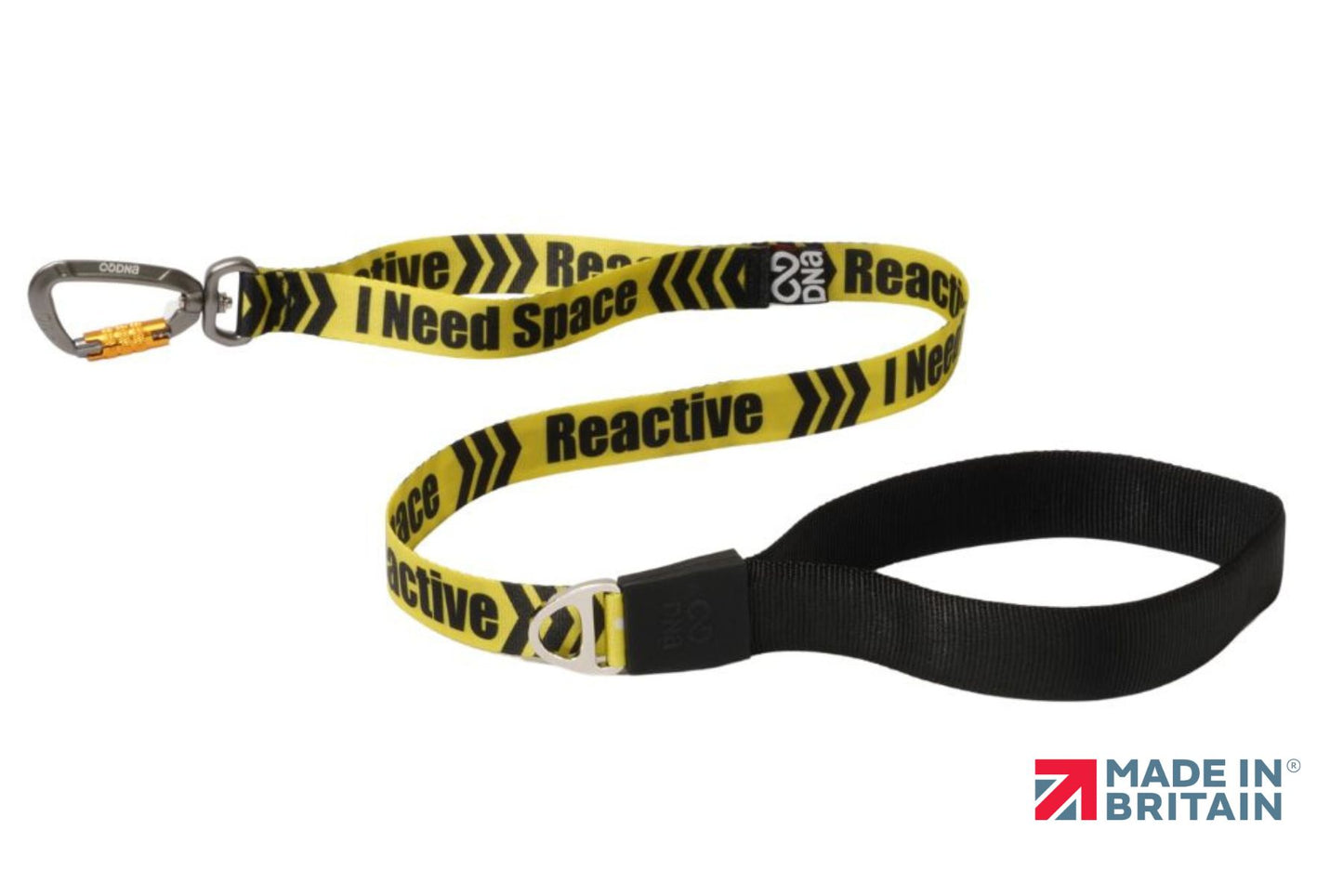 A stock image of the Signs Pro Lead with "I Need Space - Reactive" lettering. Yellow and black colours, with a handle and a carabiner.