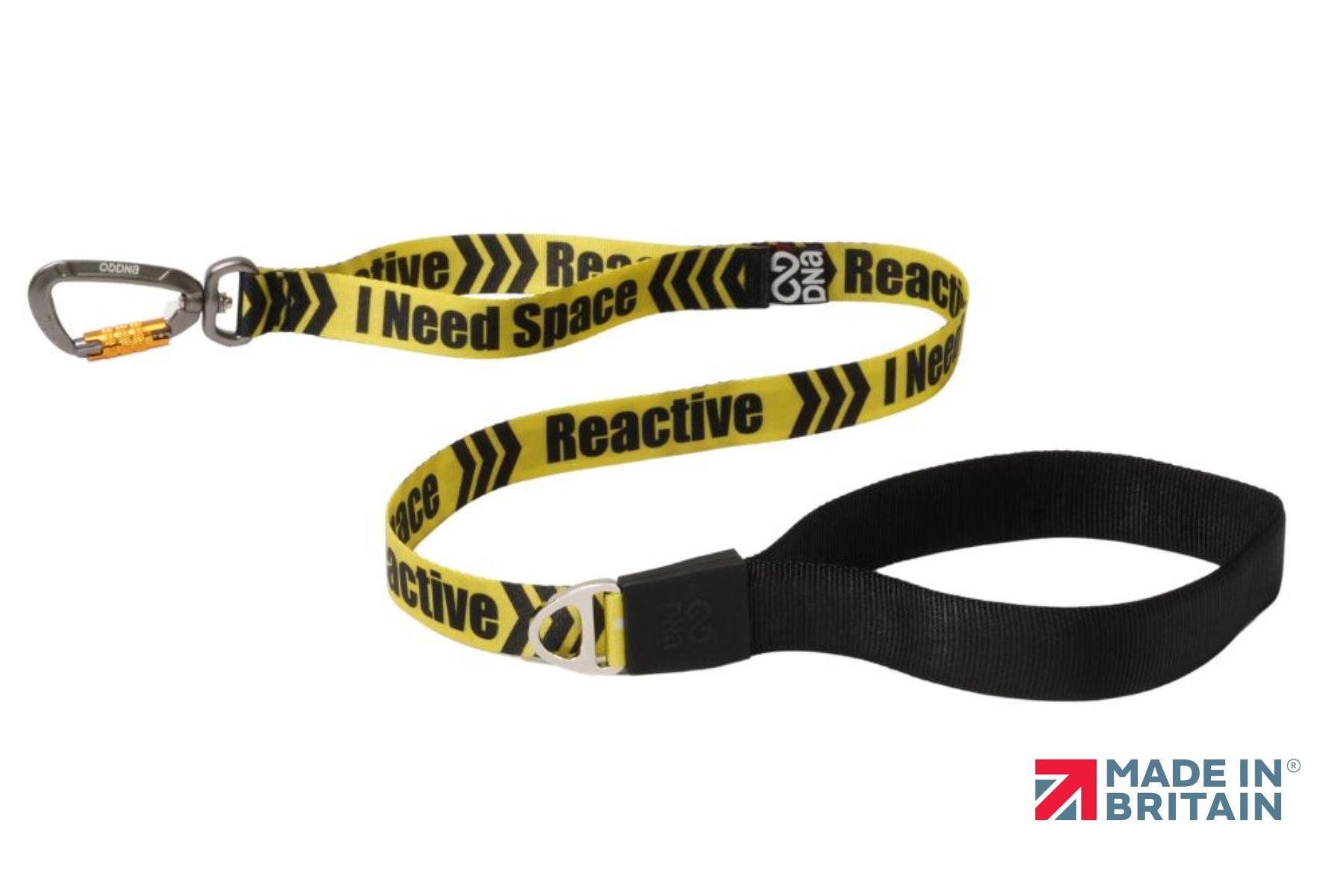 A stock image of the Signs Pro Lead with "I Need Space - Reactive" lettering. Yellow and black colours, with a handle and a carabiner.