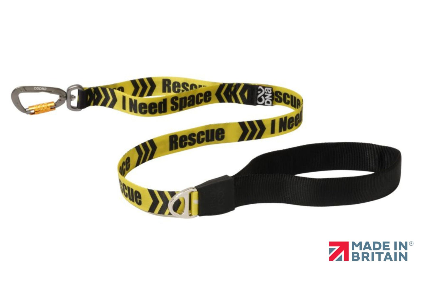 A stock image of the Signs Pro Lead with "I Need Space - Rescue" lettering. Yellow and black colours, with a handle and a carabiner.