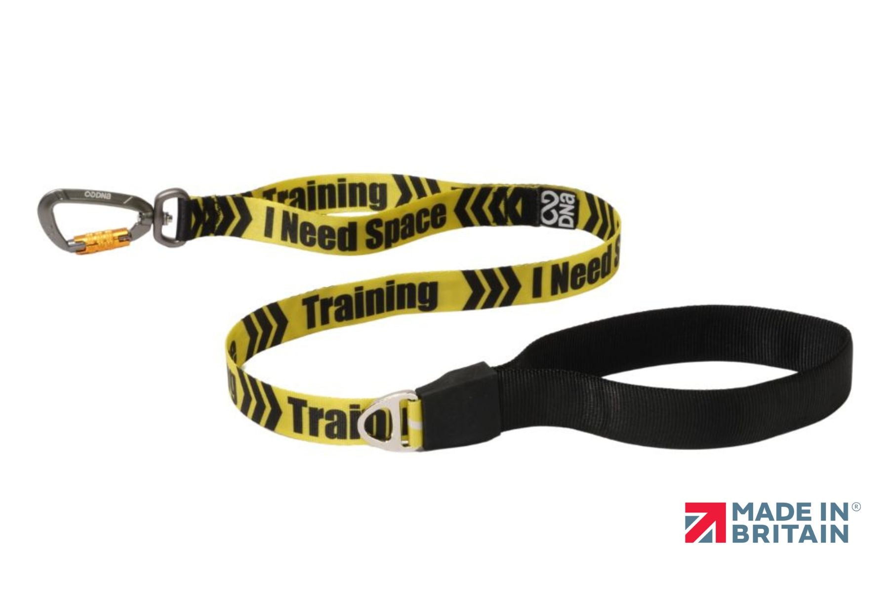 A stock image of the Signs Pro Lead with "I Need Space - Training" lettering. Yellow and black colours, with a handle and a carabiner.