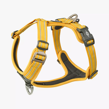 Stock image of the Comfort Walk Air in Lemon, a harness with two lead attachments and a handle, and a striped pattern, on a white background.