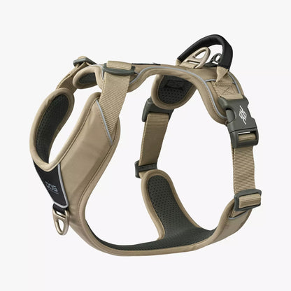 Stock image of the Comfort Walk Pro in Desert Dune, a harness with two lead attachments and a handle, on a white background.