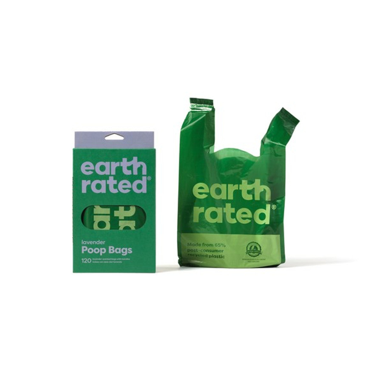Stock image of the Scented Easy Tie Poop Bags, showing the green packaging and a photo of the poop bag beside it, on a white background.