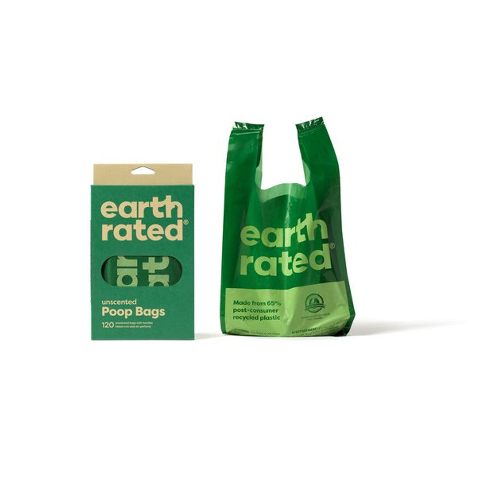 Stock image of the Unscented Easy Tie Poop Bags, showing the green packaging and a photo of the poop bag beside it, on a white background.