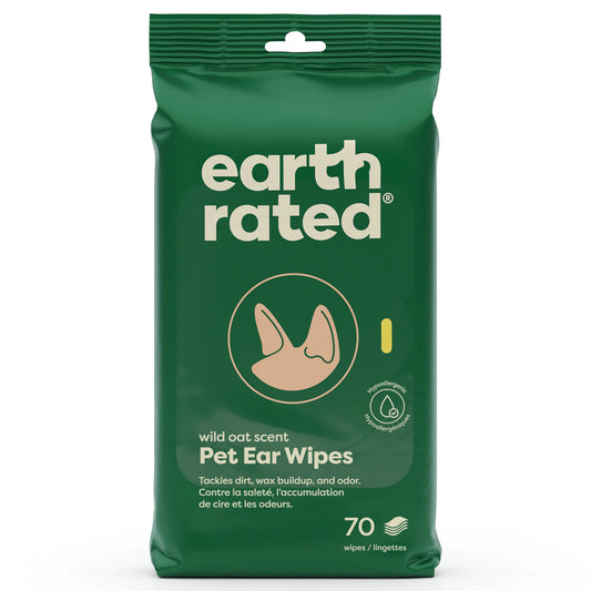 Green package of Earth Rated Pet Ear Wipes on a white background.