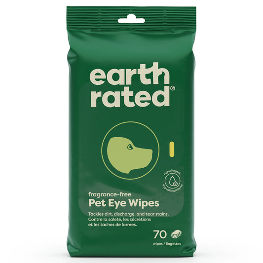 Green package of Earth Rated Pet Eye Wipes on a white background.