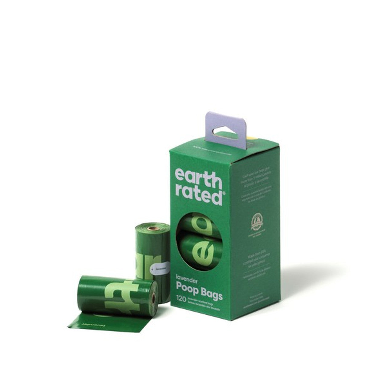 Stock image of the Earth Rated Scented Poop Bags, showing the green packaging, with two poop bag rolls outside the box. Pack of 120.