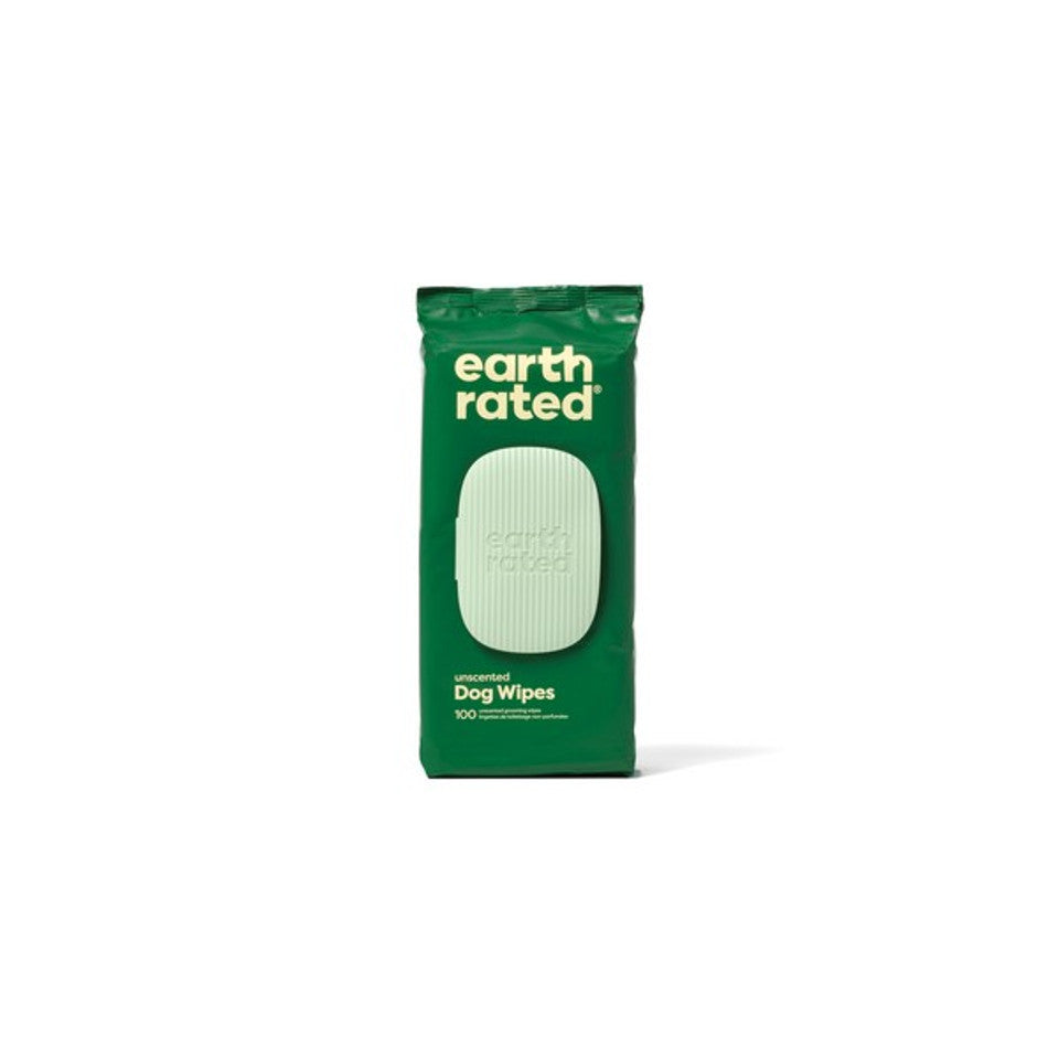 A stock image of the Earth Rated Pet Grooming Dog Wipes, showing a green packet with the Earth Rated branding and text describing the item.