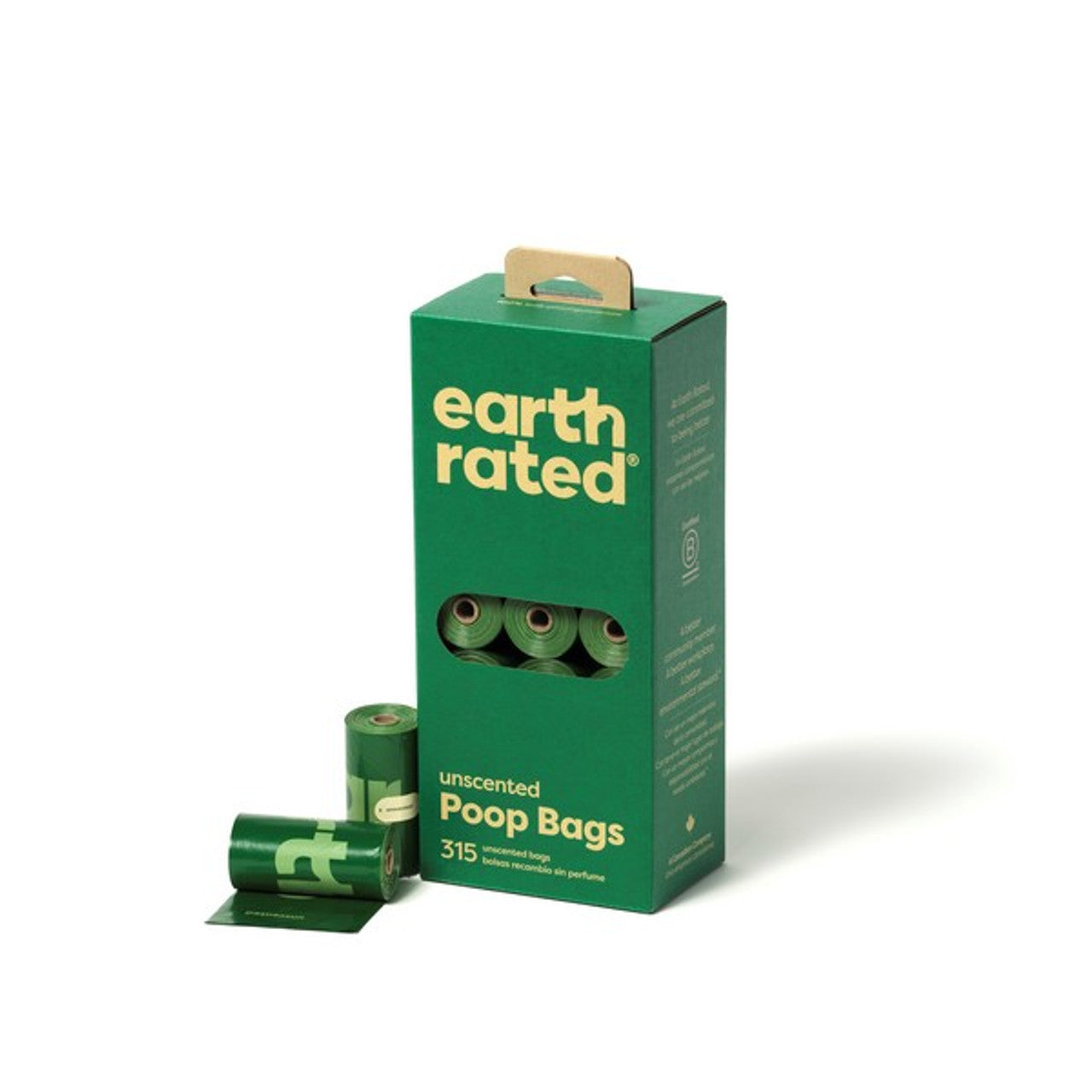 Stock image of the Earth Rated Unscented Poop Bags, showing the green packaging, with two poop bag rolls outside the box. Pack of 315.