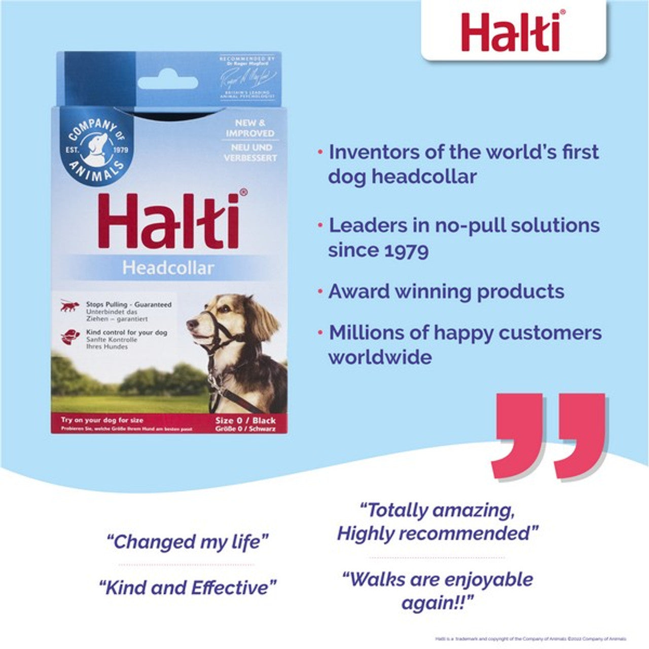 The Halti Headcollar packaging, with product and white details, featuring customer testimonials on a blue and white background.