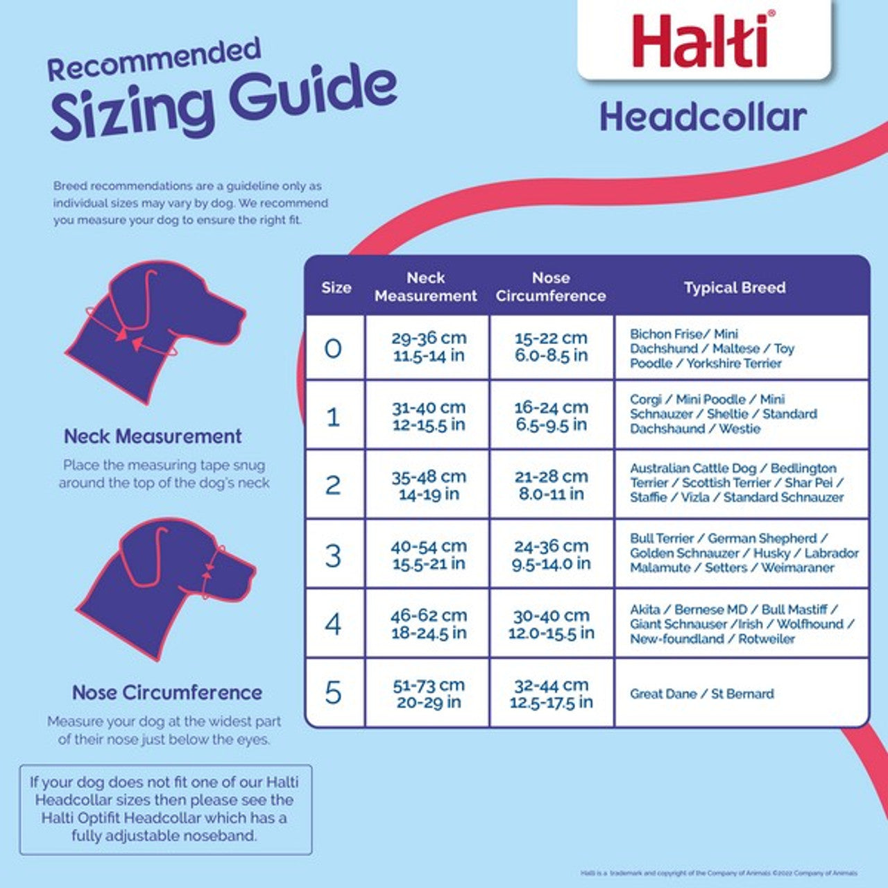 The Halti Headcollar sizing guide, describing how to measure the neck and nose. There is a sizing chart, with the measurements and typical breeds for those sizes.