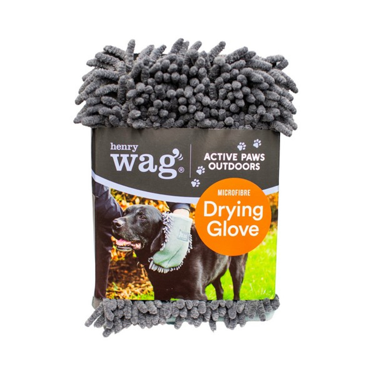 A stock image of the Henry Wag Microfibre Drying Glove, with grey noodles and branded packaging showing the glove in use.