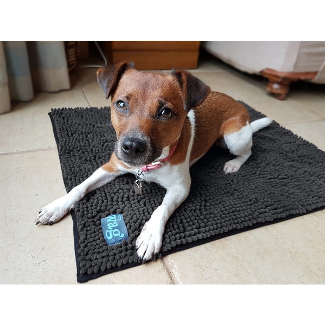A brown and white dog laying on the Henry Wag Microfibre Noodle Pet Mat, in an indoor setting.
