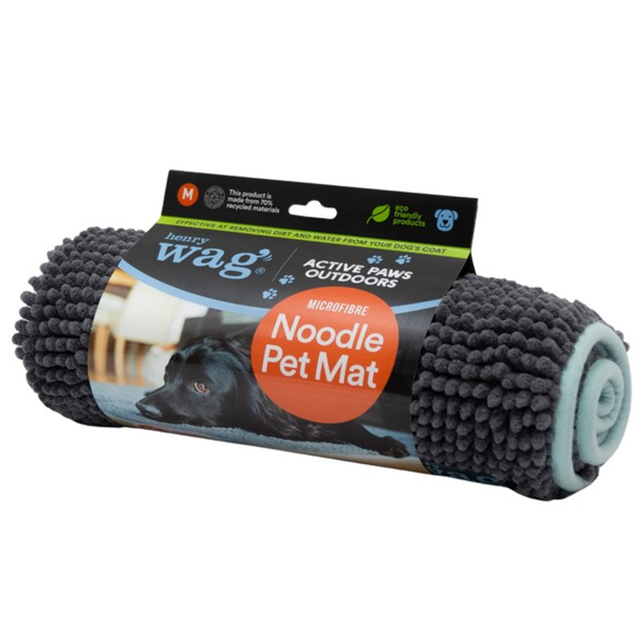Stock image of the Henry Wag Microfibre Noodle Pet Mat, rolled up in packaging. Packaging shows a dog laying on the mat.