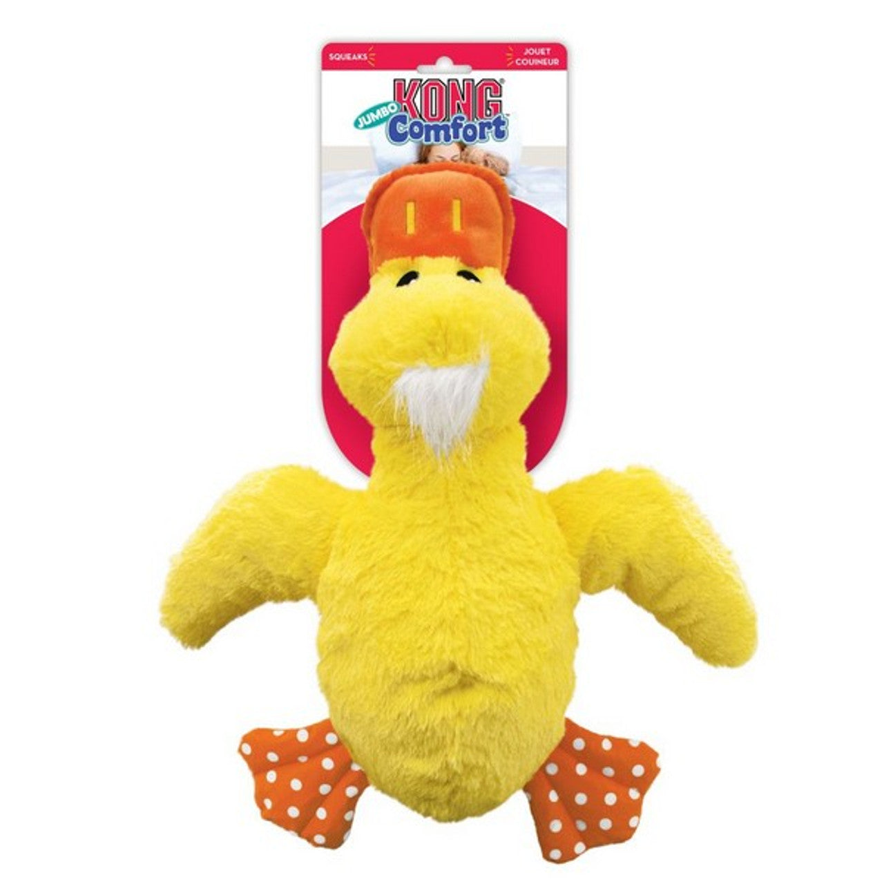 Stock image of the KONG Comfort Jumbo Duck on a white background, with red and white packaging.