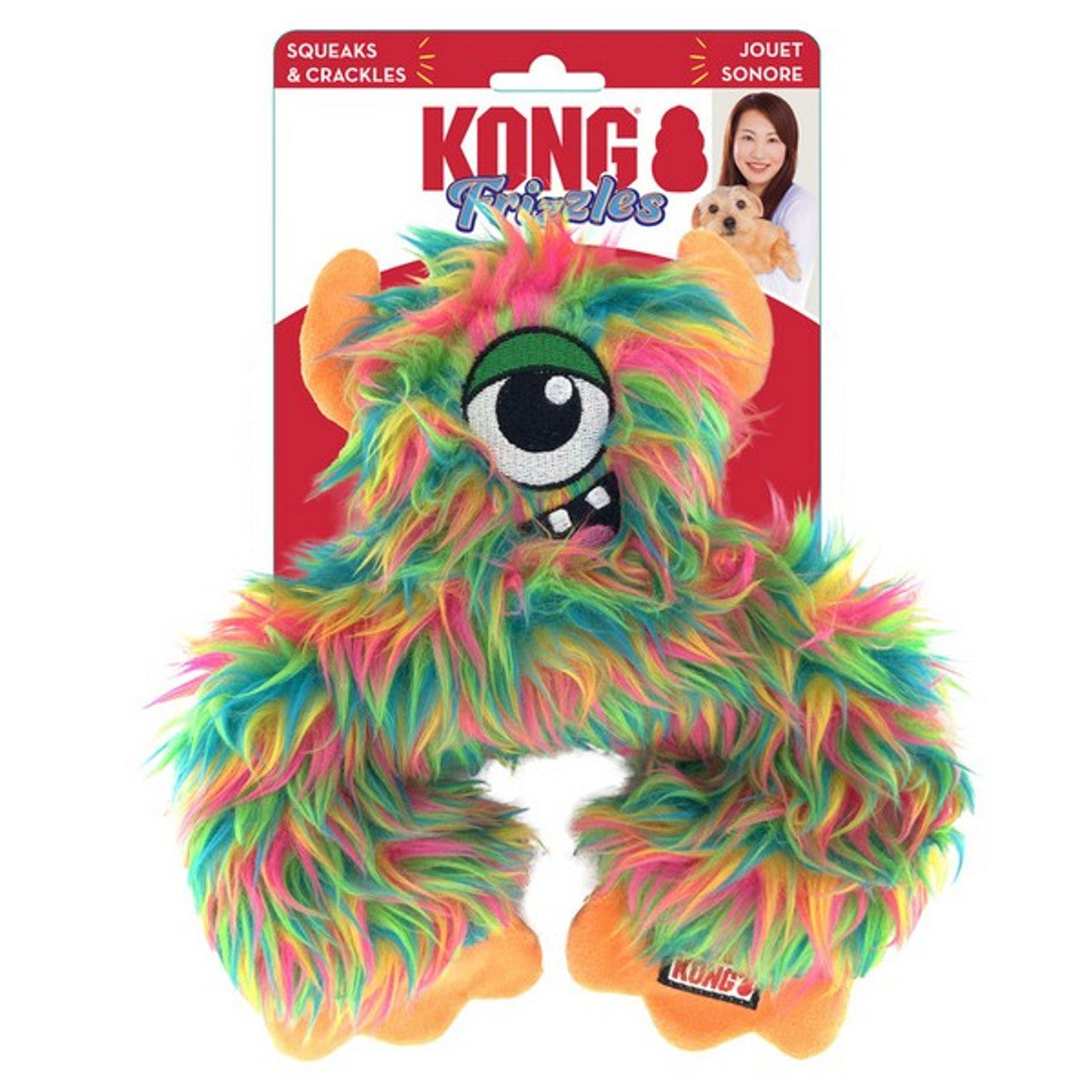 Stock image of the KONG Frizzles Frazzle, a shaggy monster plush toy with one eye, against a white background.