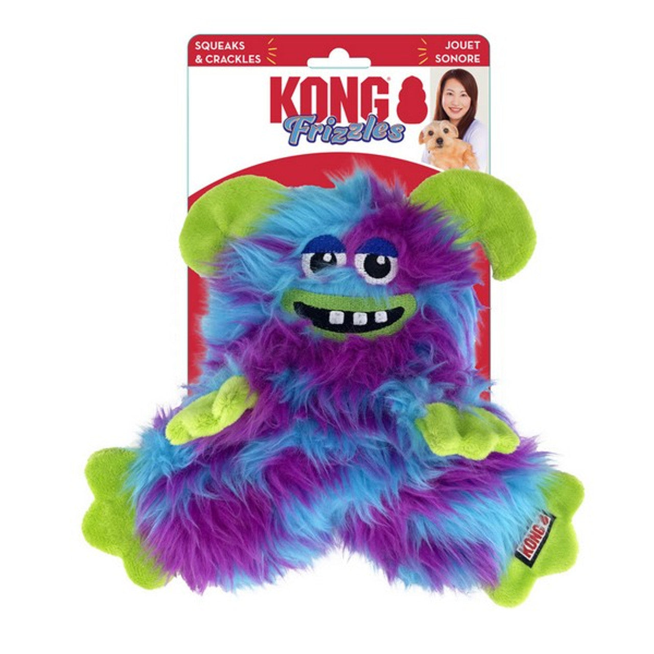 Stock image of the KONG Frizzles Razzle, a shaggy monster plush toy with purple colours, against a white background.