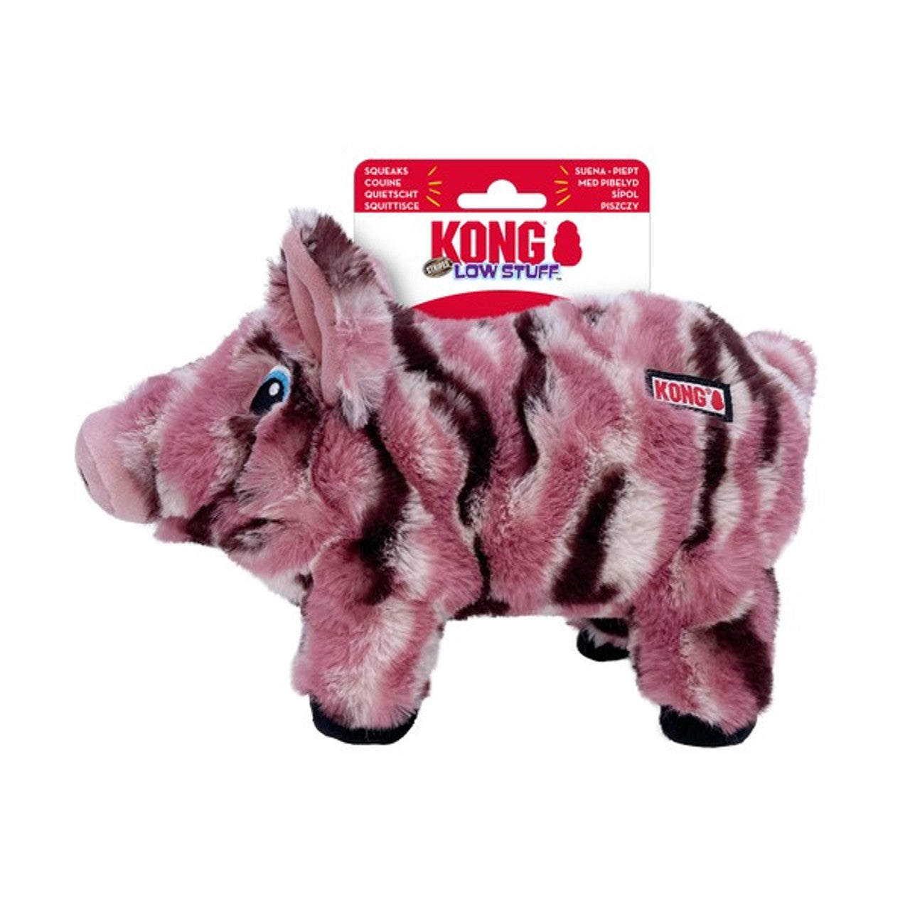 A stock image of the Low Stuff Stripes, featuring a pink and black striped plush pig design, with a white background.