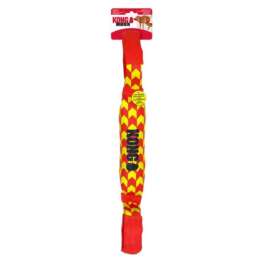 Stock image of the KONG Maxx Tug, a red and yellow toy, on a white background. 